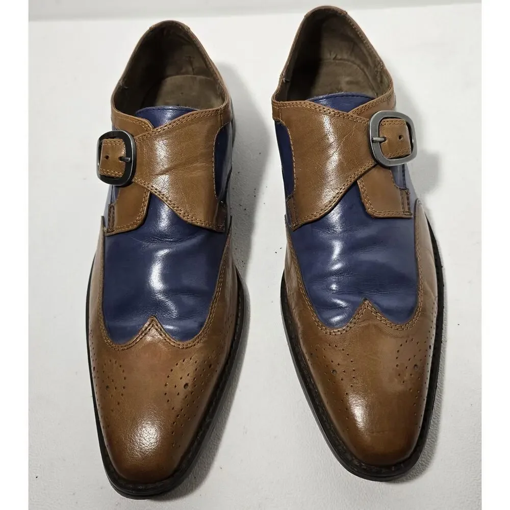 Fratelli Footwear Mens Tan/Blue Leather Wingtip Monk Strap Dress Shoes Sz US 9.5
